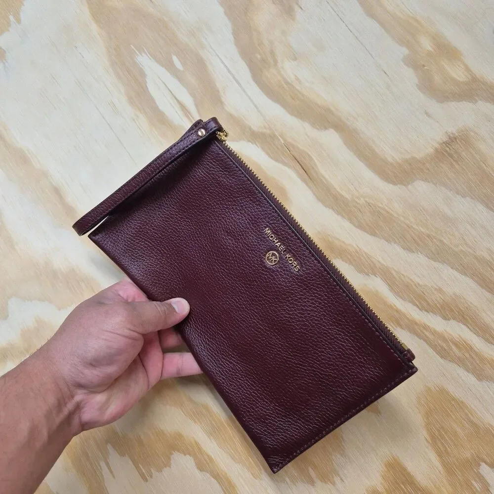 MICHAEL Michael Kors Large Flat Wristlet Clutch Merlot Burgundy Pebbled Leather